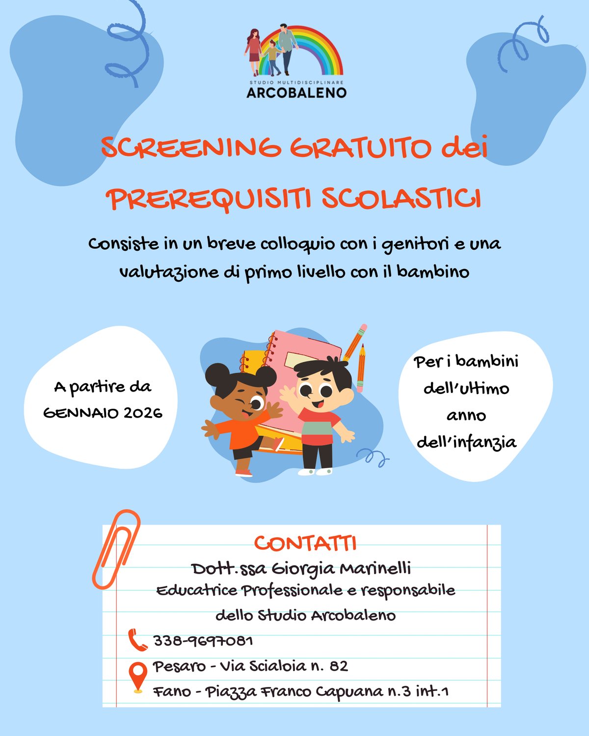 Locandina Screening gratuito dei prerequisiti scolastici